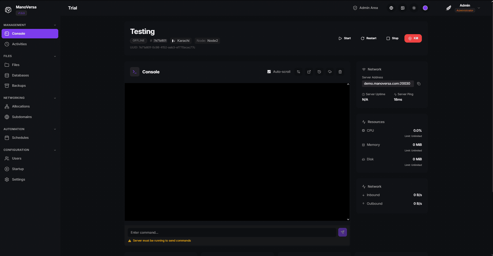 ManoVersa Minecraft hosting dashboard: console, server controls, files, backups, and networking in one panel.